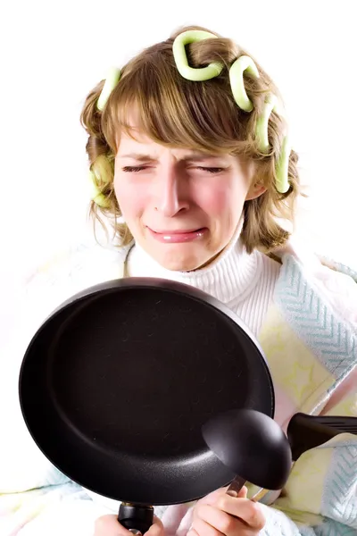 Crying housewife with pan — Stock Photo, Image