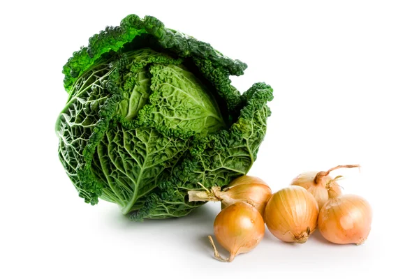 Fresh savoy cabbage an isd five onions — Stock Photo, Image