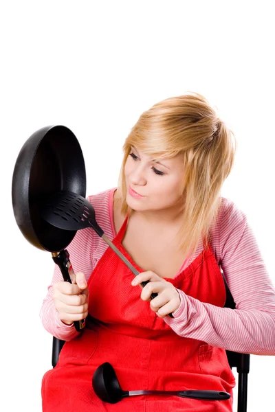 Housewife with kitchen utensil — Stock Photo, Image
