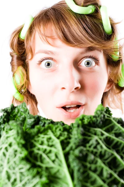 Woman and fresh savoy cabbage — Stock Photo, Image