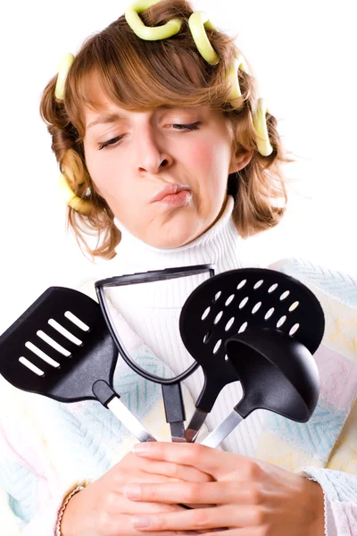 Housewife with kitchen utensil — Stock Photo, Image
