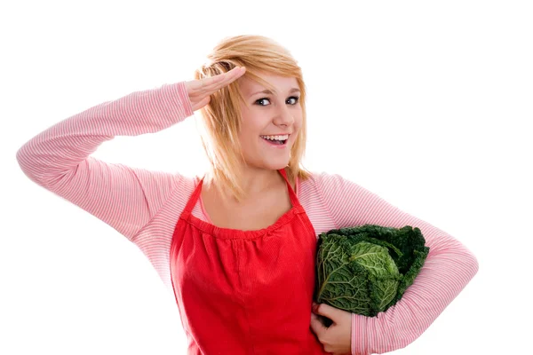 Beautiful woman with fresh savoy cabbage — Stock Photo, Image