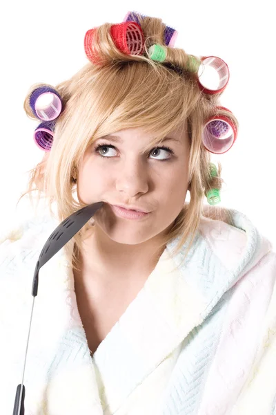 Funny housewife with curlers — Stock Photo, Image