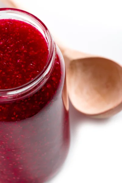 Jar of homemade raspberry jam — Stock Photo, Image