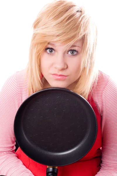 Sad housewife with pan — Stock Photo, Image