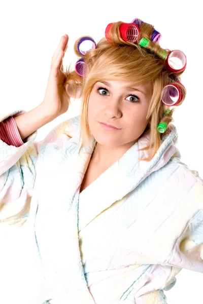 Funny housewife with curlers — Stock Photo, Image