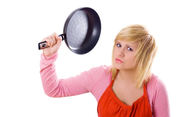 Pretty housewife with pan — Stock Photo, Image