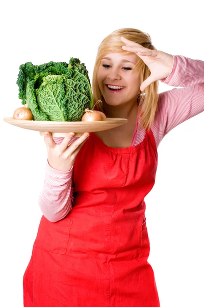 Γυναίκα με φρέσκο λάχανο και κρεμμύδια — Φωτογραφία Αρχείου