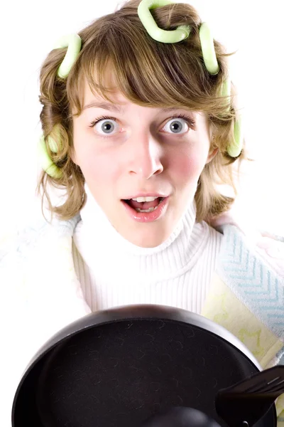 Crazy housewife with pan — Stock Photo, Image