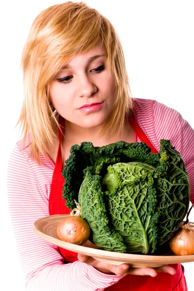 Beautiful woman with fresh savoy cabbage and onions — Stock Photo, Image