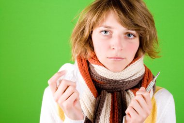 Woman with handkerchief and thermometer clipart