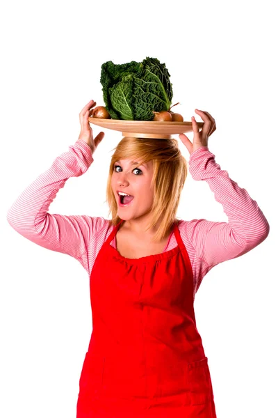 Woman with fresh savoy cabbage and onions — Stock Photo, Image