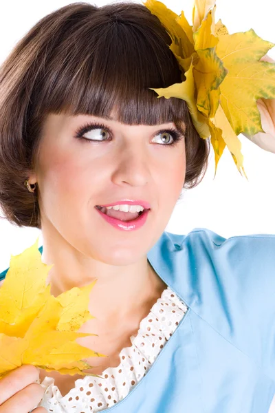 Woman with yellow leaves — Stock Photo, Image