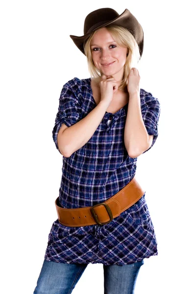 Västra kvinna i cowboy skjorta — Stockfoto