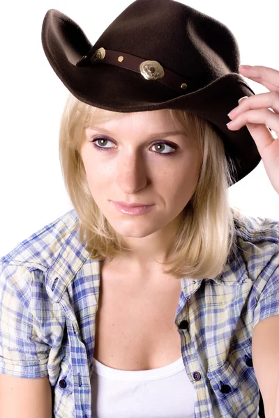 Mulher ocidental bonita em chapéu de cowboy — Fotografia de Stock