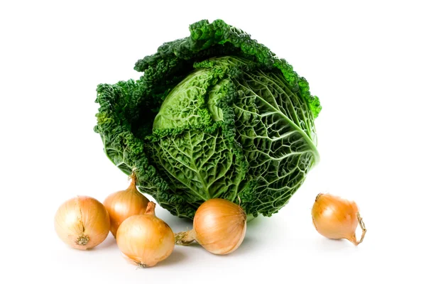 Fresh savoy cabbage and five onions — Stock Photo, Image
