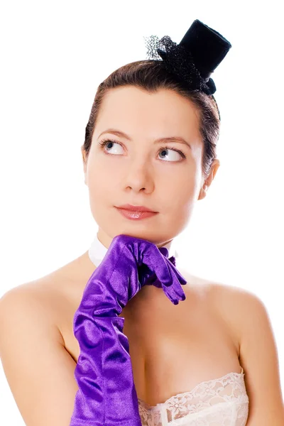 Woman in corset, gloves and little hat — Stock Photo, Image