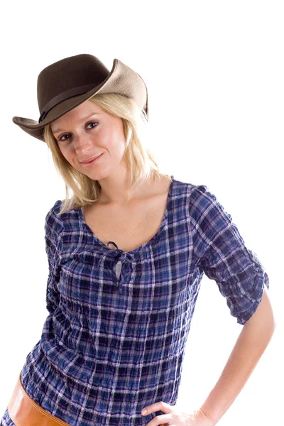 Västra kvinna i cowboy skjorta och hatt — Stockfoto