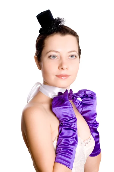 Femme en corset, gants et petit chapeau — Photo