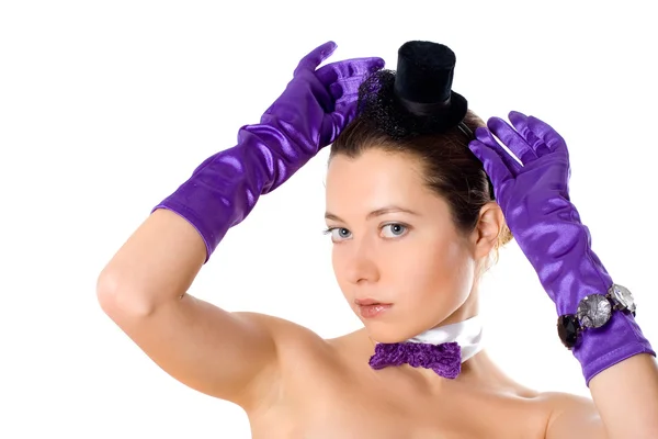 Woman in corset, gloves and little hat — Stock Photo, Image
