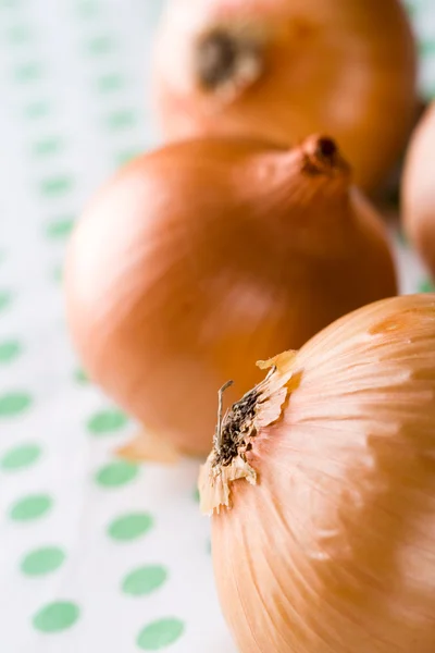 Ripe onions on textile background — Stock Photo, Image