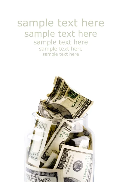 Χρήματα Γυάλινο Βάζο Closeup Πιο Άσπρο Φόντο Δείγμα Κειμένου — Φωτογραφία Αρχείου