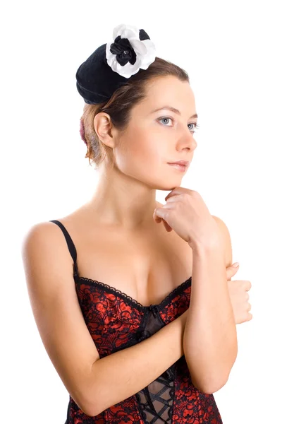 Donna attraente in corsetto e cappellino — Foto Stock