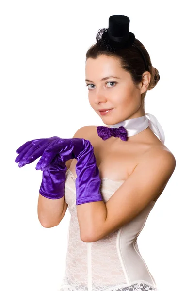 Portret Van Jonge Aantrekkelijke Vrouw Korset Handschoenen Weinig Hoed Witte — Stockfoto