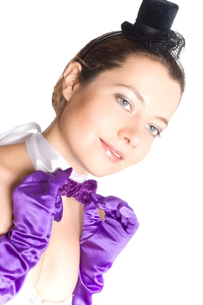 年轻有魅力的女人在紧身胸衣 手套和白色背景上的小帽子的肖像 — 图库照片