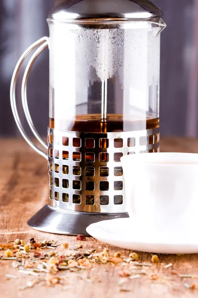 French Press Herbal Tea Cup Closeup Wooden Table — Stock Photo, Image