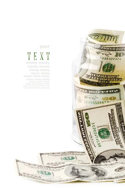 Peníze Skleněné Sklenice Closeup Bílém Pozadí Vzorový Text — Stock fotografie