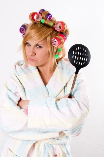 Portrait Funny Housewife Curlers Skimmer — Stock Photo, Image
