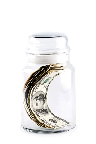 Гроші Скляній Банці Ізольовані Білому Тлі — стокове фото