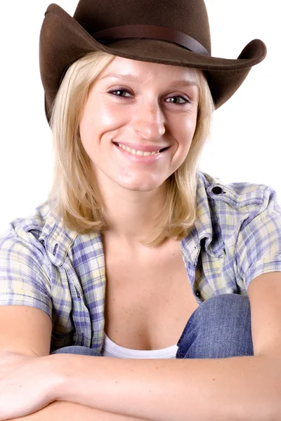 Hübsche Westernfrau Cowboyhemd Und Hut Isoliert Auf Weißem Hintergrund — Stockfoto