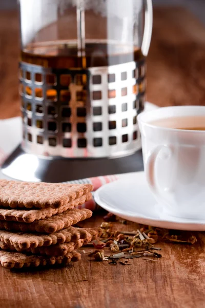 French Press Cup Herbal Tea Some Fresh Cookies Closeup Wooden — Stock Photo, Image