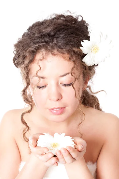 Portrait Beautiful Young Pretty Woman Flower Closeup White Background — Stock Photo, Image