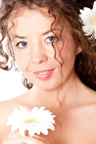 Porträtt Vacker Ung Vacker Kvinna Med Blomma Närbild Vit Bakgrund — Stockfoto