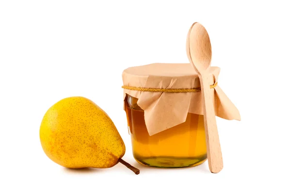 Pear, honey, wooden spoon isolated white. — Stock Photo, Image