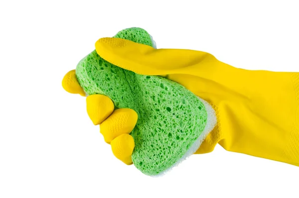 Hand in rubberen handschoen met spons geïsoleerd. — Stockfoto