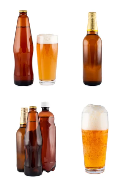 Birra in bottiglia, bicchiere, set. Isolato su bianco. Percorso di ritaglio . — Foto Stock