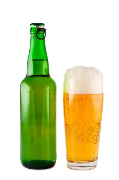 Beer, bottle, glass, isolated white background clipping path. — Stock Photo, Image