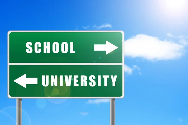 Roadsign school university sky background. — Stock Photo, Image