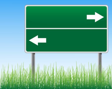 Empty signpost on sky background with arrows grass below. clipart