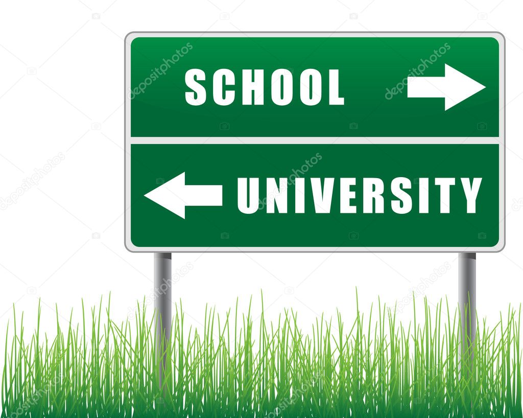 Roadsign school university with grass below.