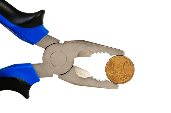 Flat-nose pliers and coin isolated on white.