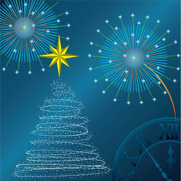New Year tree, salute and hours. Vector illustration — Stock Vector