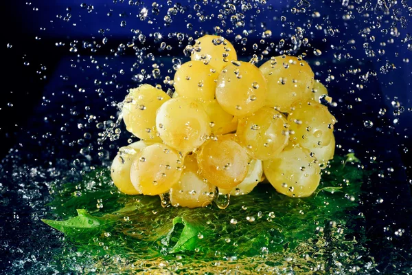 Mazzo di uva bianca con foglie verdi e acqua ferma — Foto Stock