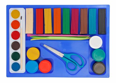 Creative set of aquarelle paint box, plasticine and scissors clipart