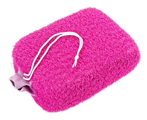Esponja de banho oval rosa isolada sobre branco — Fotografia de Stock