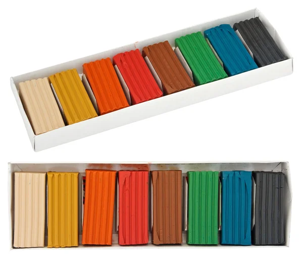 Children's bright color Plasticine in the box isolated on white — Stock Photo, Image